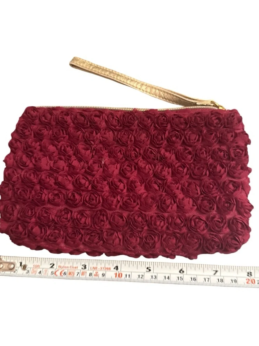 Neiman Marcus Burgundy Rose-Embroidered Wristlet with Gold Strap
